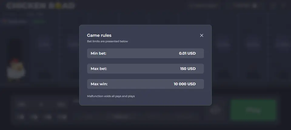Game rules panel of the Chicken Road demo listing min bet 0.01 USD, max bet 150 USD and max win 10,000 USD
