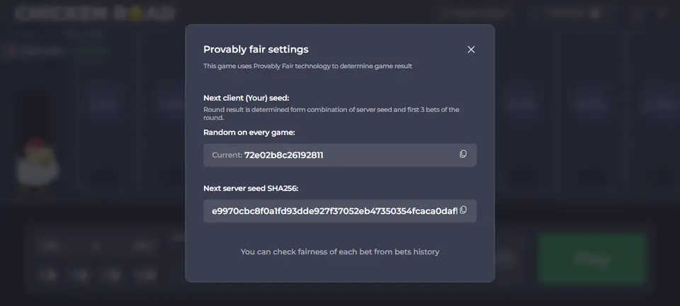 Provably fair settings panel of the Chicken Road demo showing the client seed and the next server seed SHA256